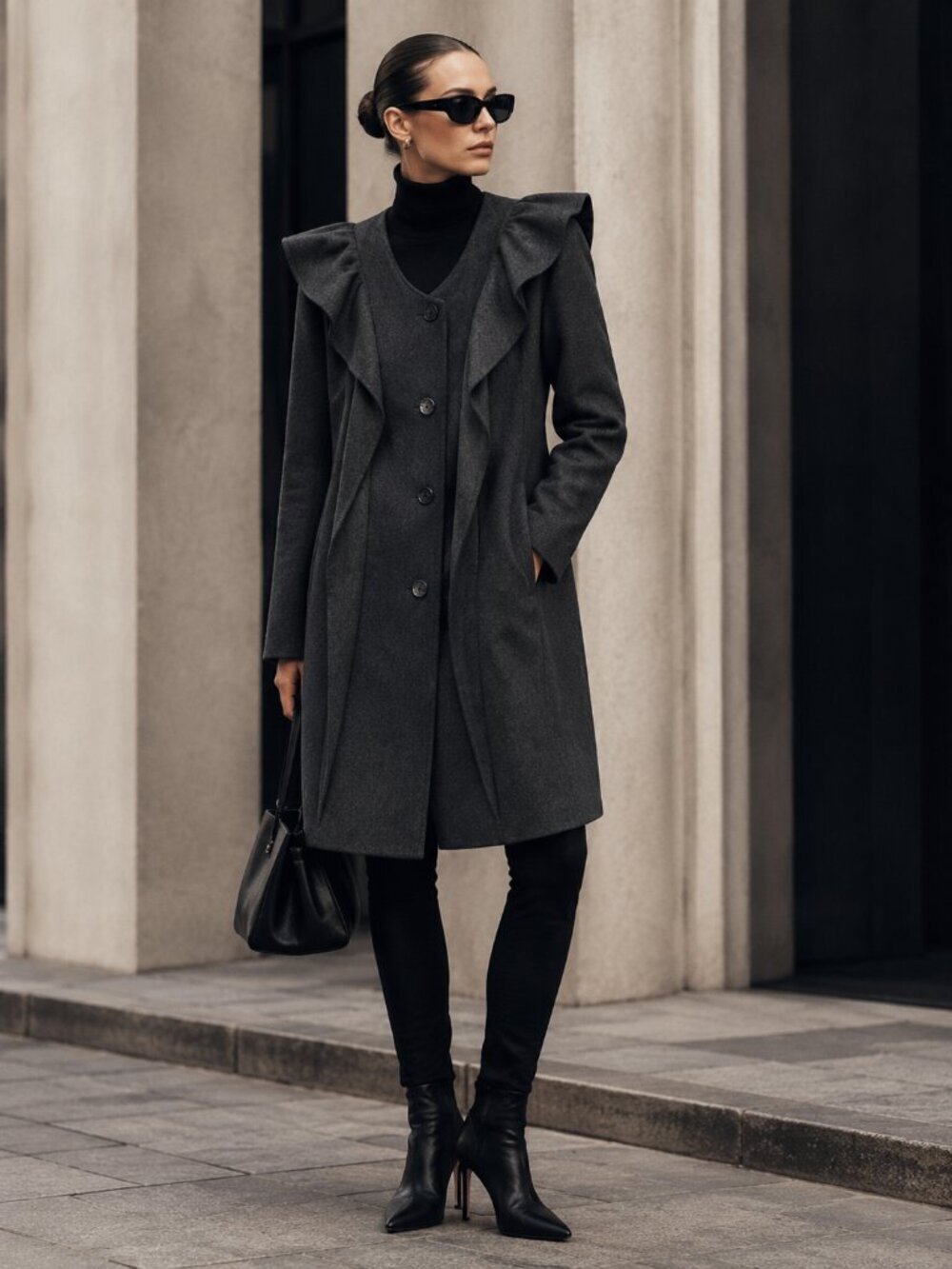 Ports 1961 Wool Cashmere Sculptural Ruffle Coat Charcoal Gray 10 NWOT